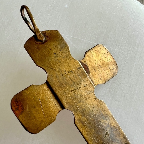 Vintage Handmade Brass Cross Pendant Signed Eddie Martinez 1993 Glass & Bezel - Picture 6 of 13